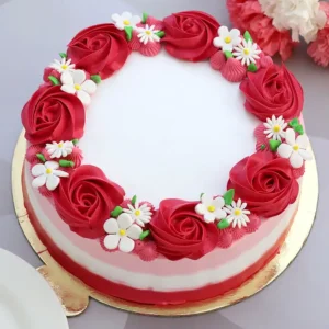 Lovely Red Roses Around Vanilla Cake